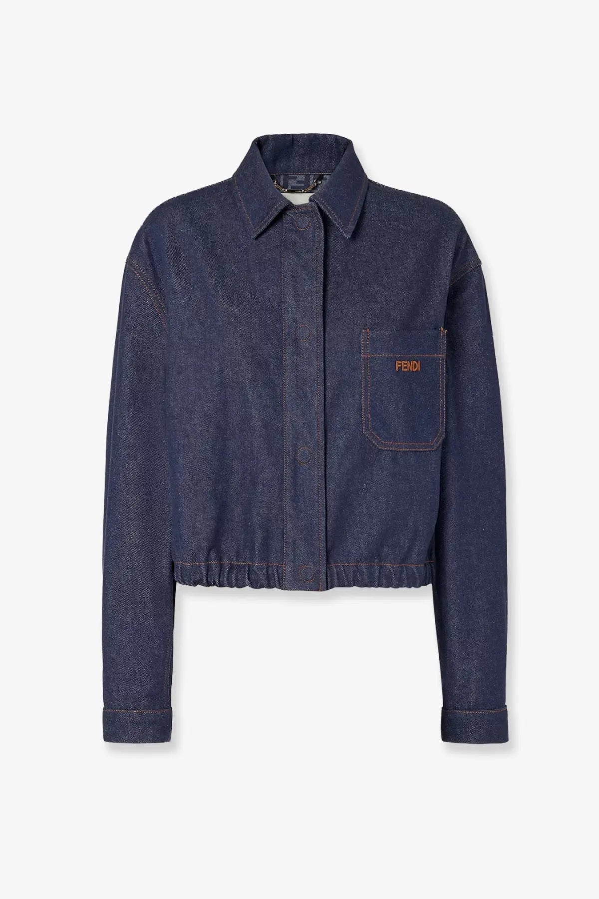 Fendi women’s dark blue denim jacket with subtle texture and orange embroidered logo on chest pocket