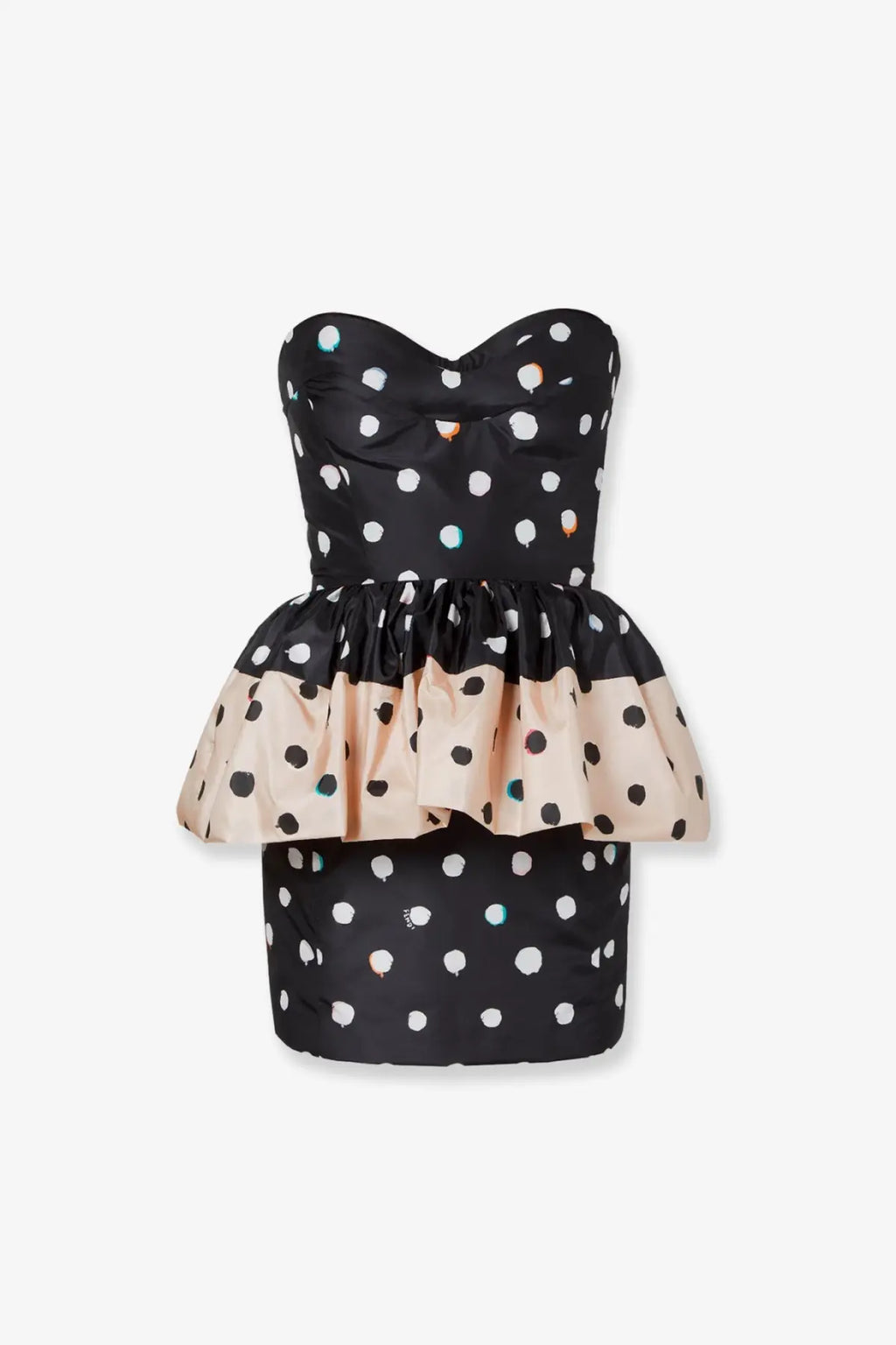 Fendi women’s falena dots black and beige polka dot strapless taffeta bustier mini dress with ruffled peplum waist
