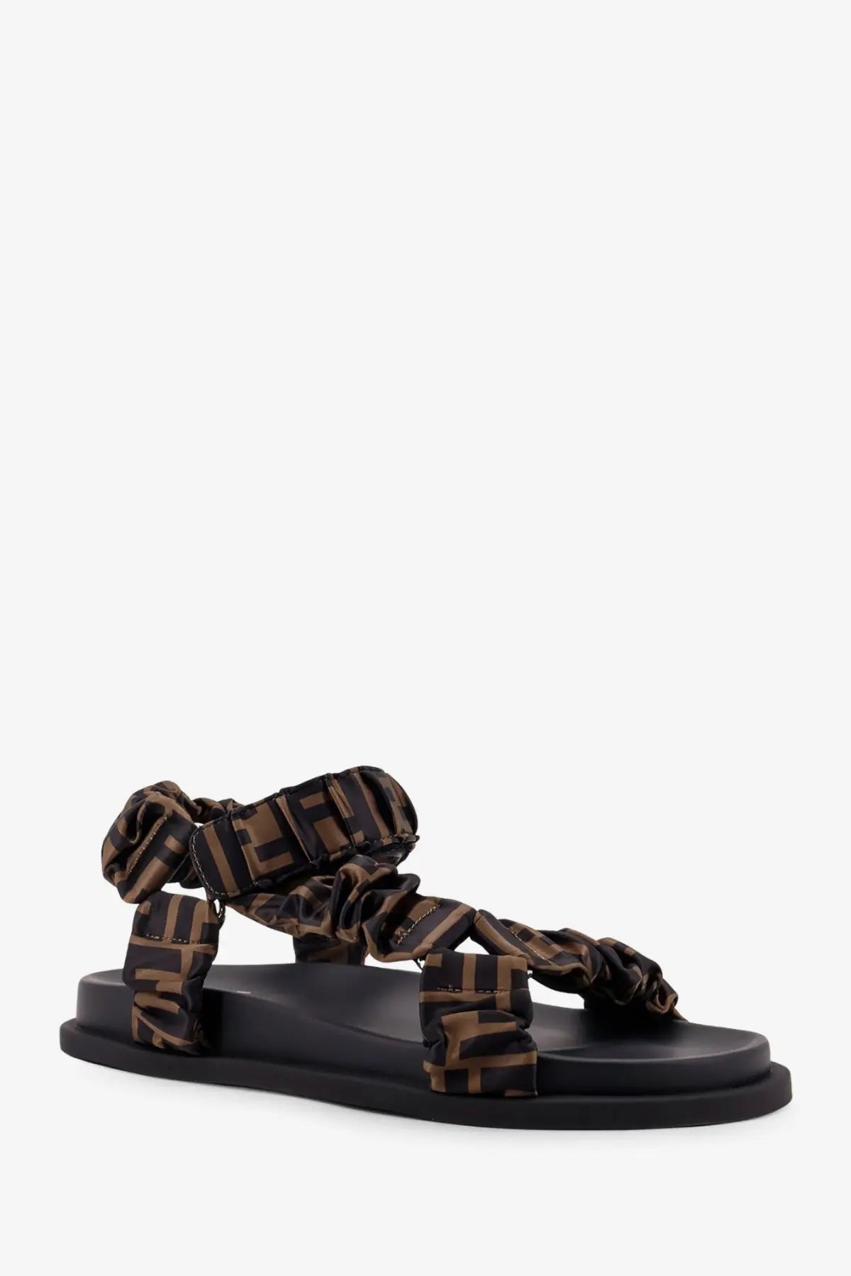 Brown and black fendi ff-logo patterned ruched elastic satin sandal with flat rubber sole for women