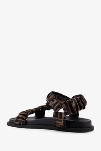 Fendi women’s feel sandals in elastic satin brown with brown and black logo ruched fabric and flat black rubber sole