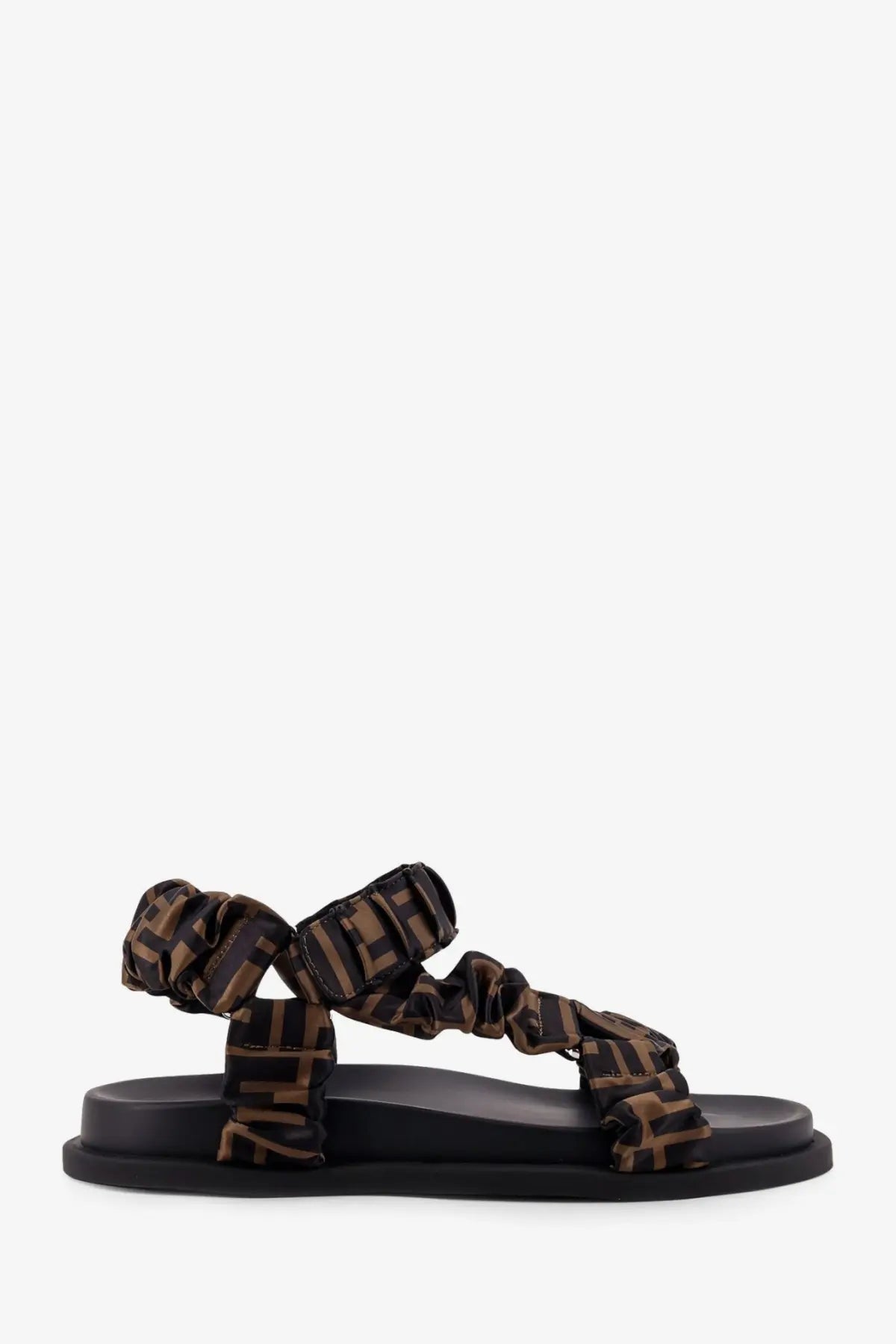Black Fendi women’s platform sandal with ruched brown and black ff-logo elastic satin straps