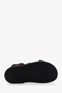 Fendi women’s feel black platform sandal with brown and black patterned elastic satin straps
