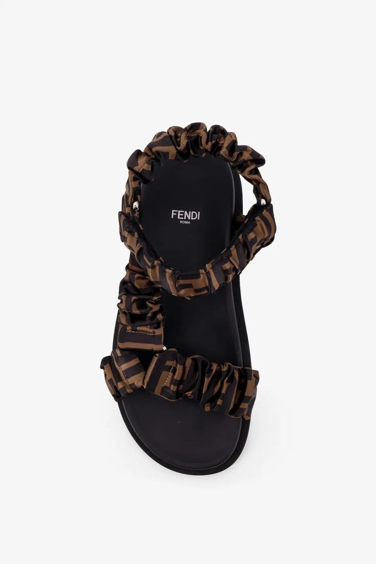 Fendi women’s feel sandals with ruched brown and black ff-logo elastic satin straps over a sleek black sole