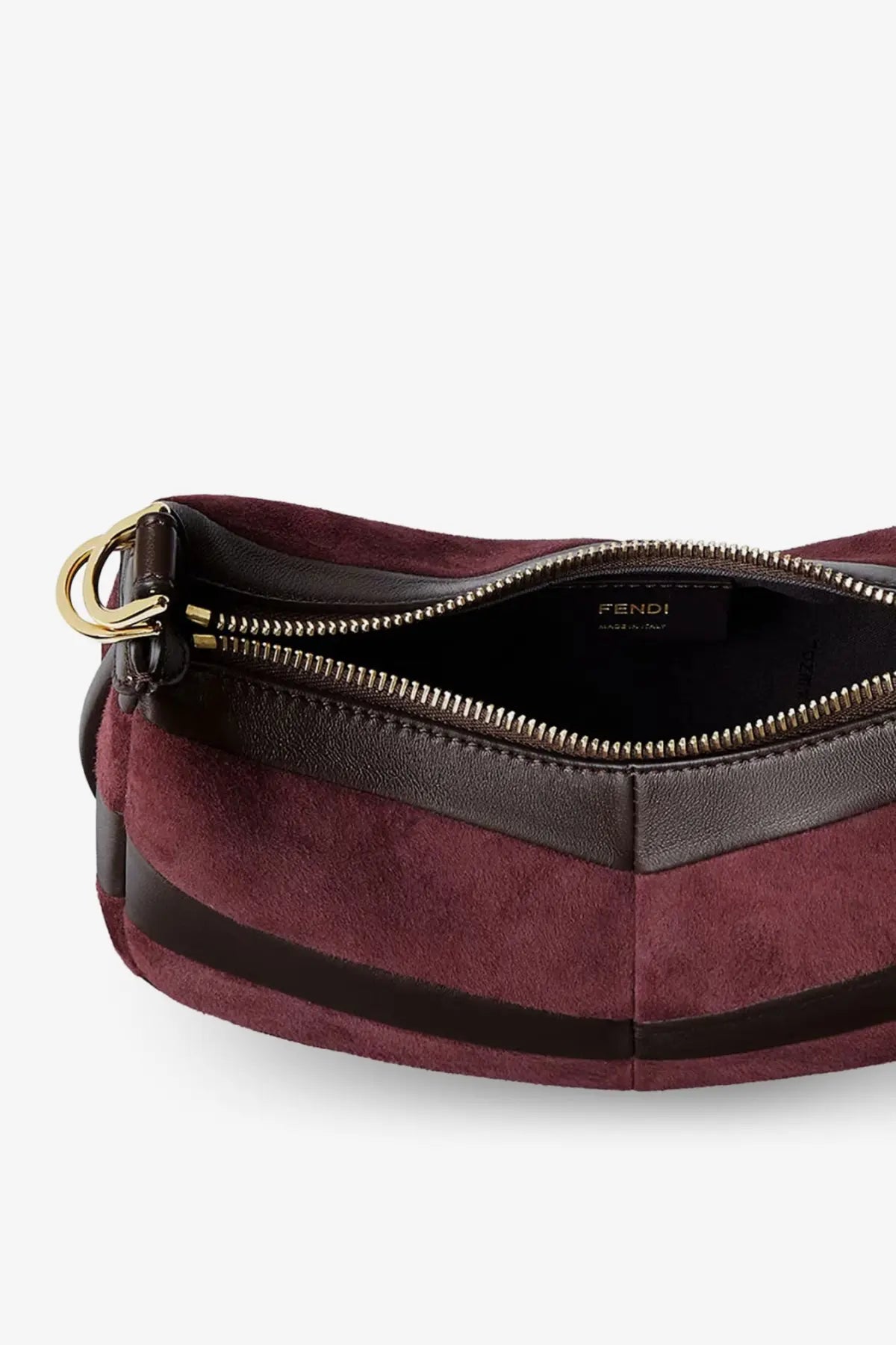 A Fendi women’s Fendigraphy mini leather handbag in brown with burgundy suede belt bag and gold-tone hardware