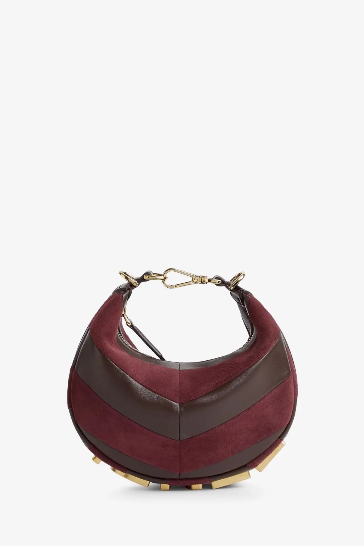 Fendi women’s fendigraphy mini leather handbag in brown featuring a maroon and brown chevron-patterned suede hobo bag with gold hardware