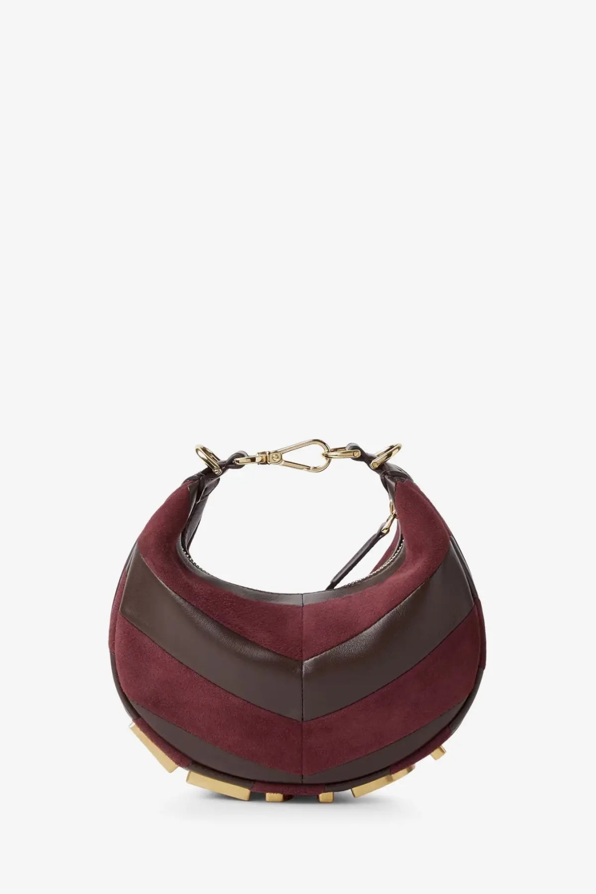Fendi women’s Fendigraphy mini leather handbag in brown with maroon and brown suede chevron pattern and gold-tone hardware