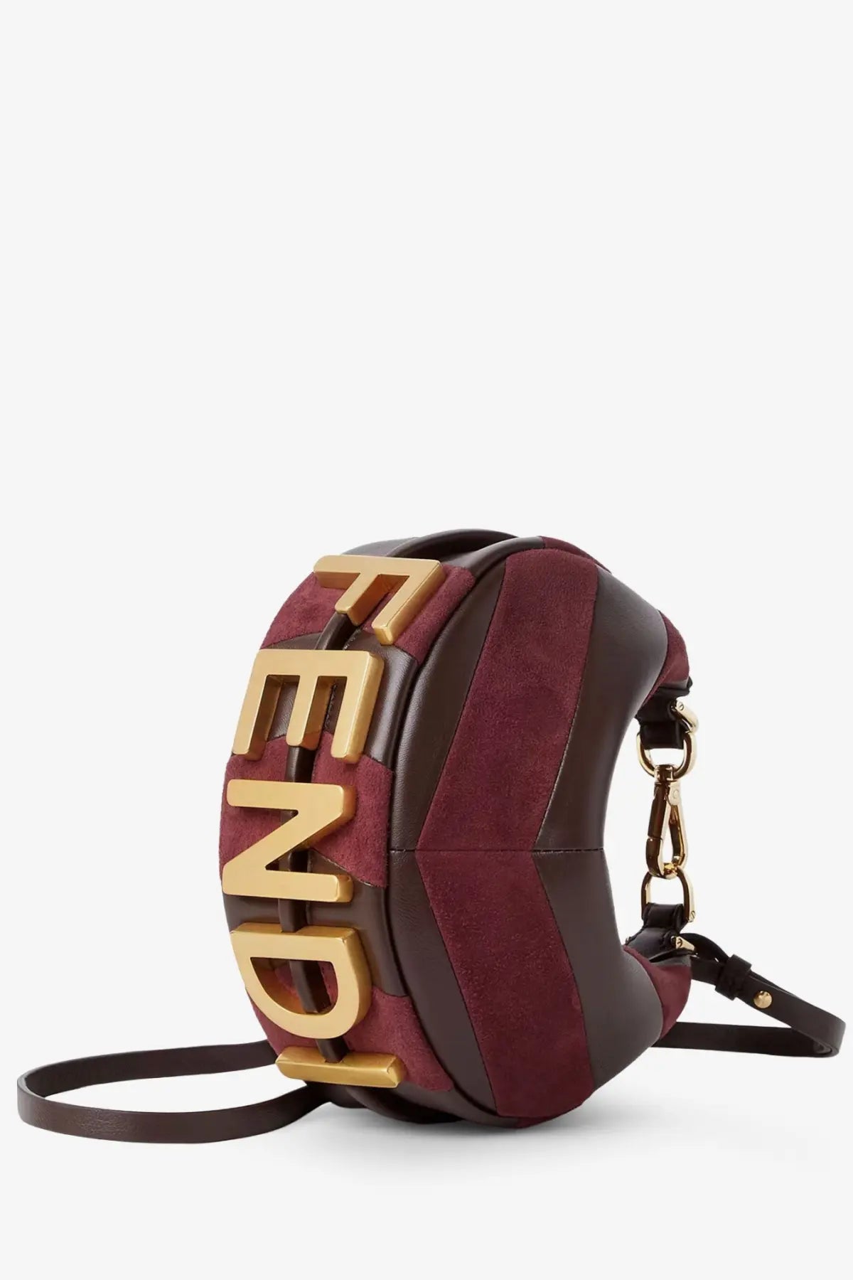 A maroon and brown suede Fendi women’s Fendigraphy mini leather shoulder bag with bold gold-tone lettering