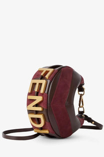 A maroon and brown suede Fendi women’s Fendigraphy mini leather shoulder bag with bold gold-tone lettering