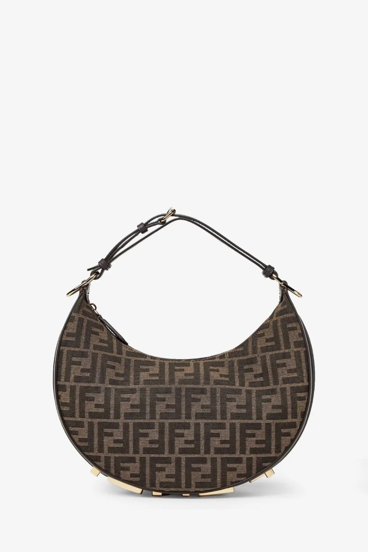 Brown fendi women’s fendigraphy small handbag in jacquard fabric with repeating ff logo pattern and black leather handle