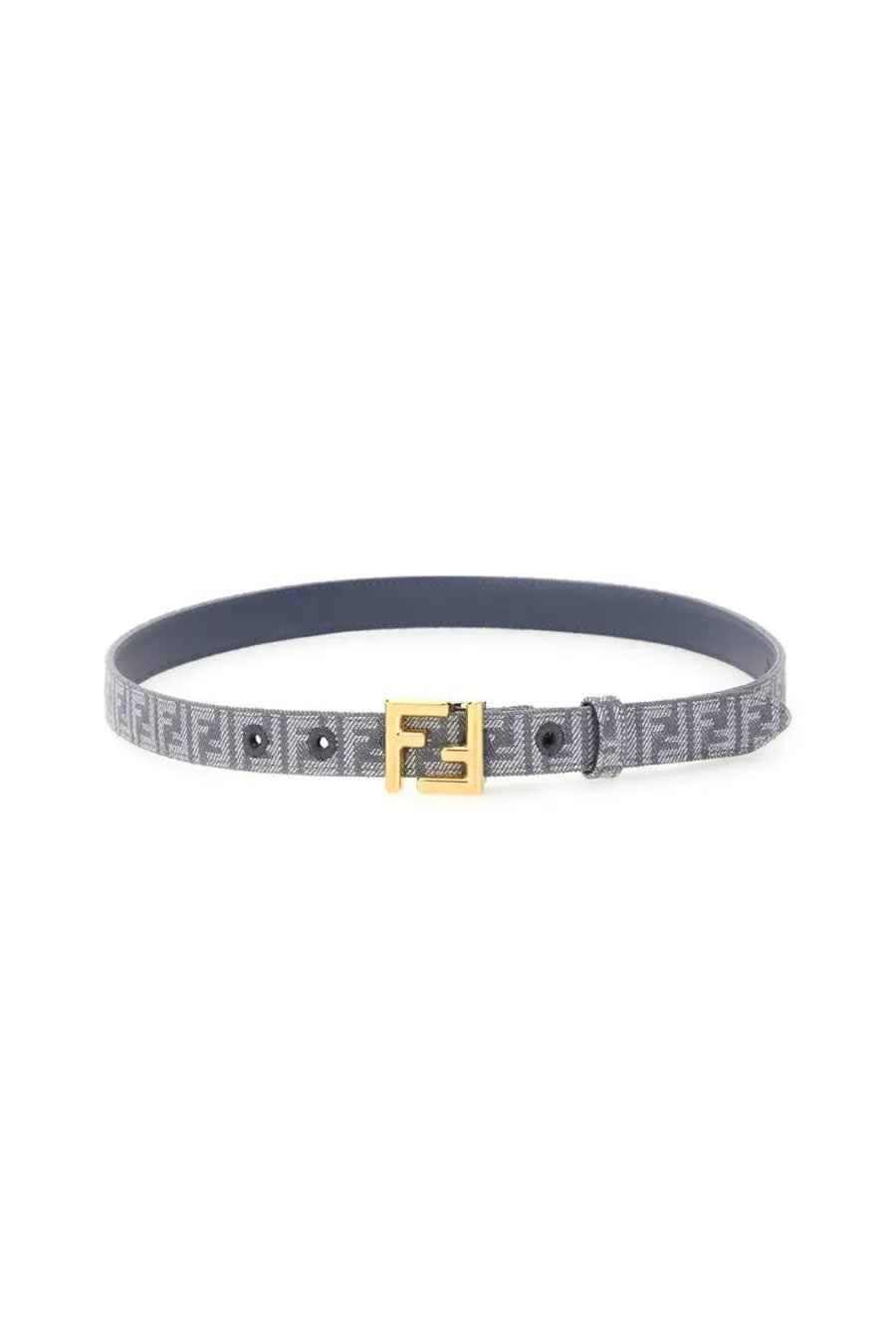 Gray Fendi women’s belt featuring repeating FF logo pattern and gold-tone buckle in a blue design