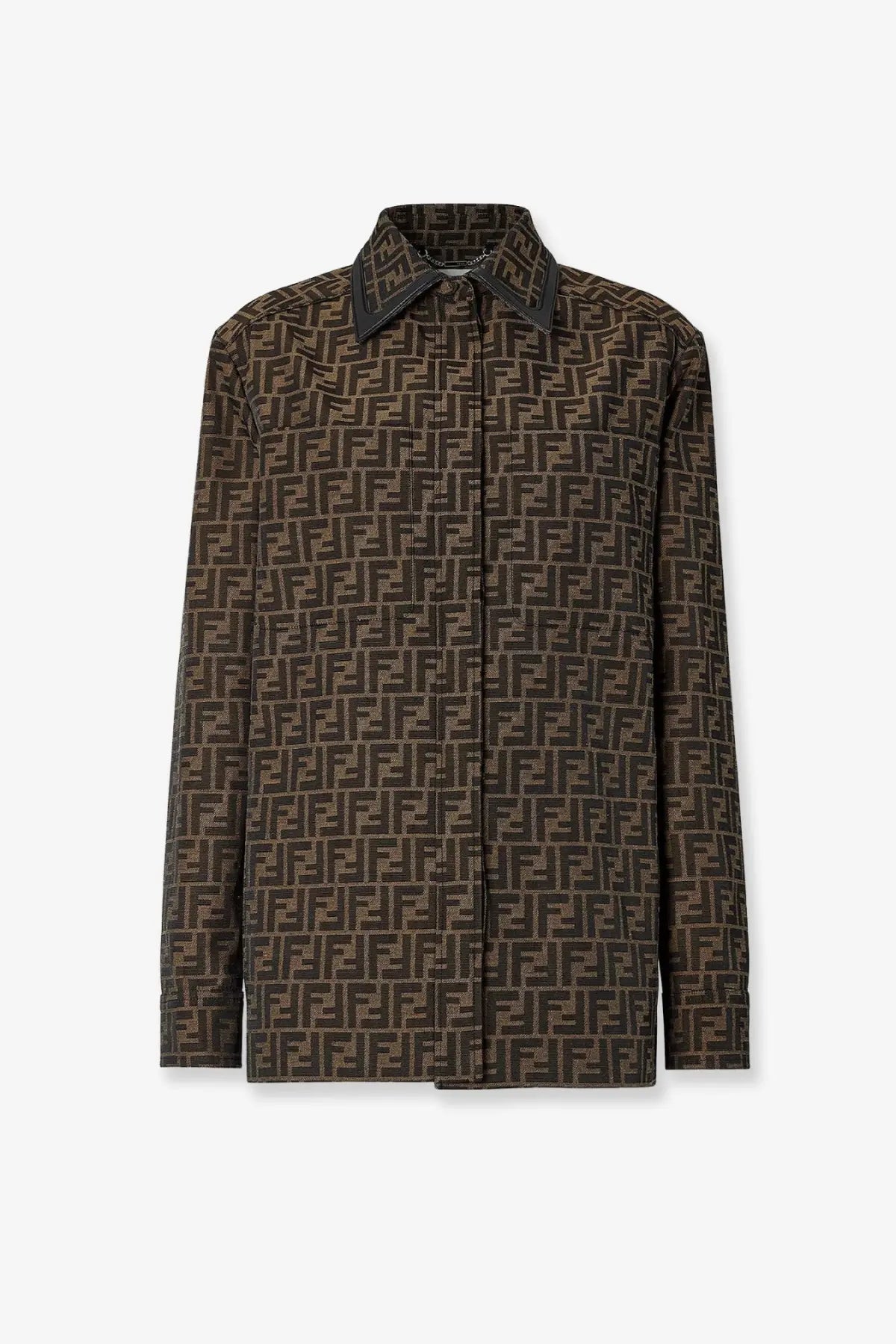 Fendi women’s brown ff canvas jacket featuring brown fendi ff monogram pattern and contrasting black collar