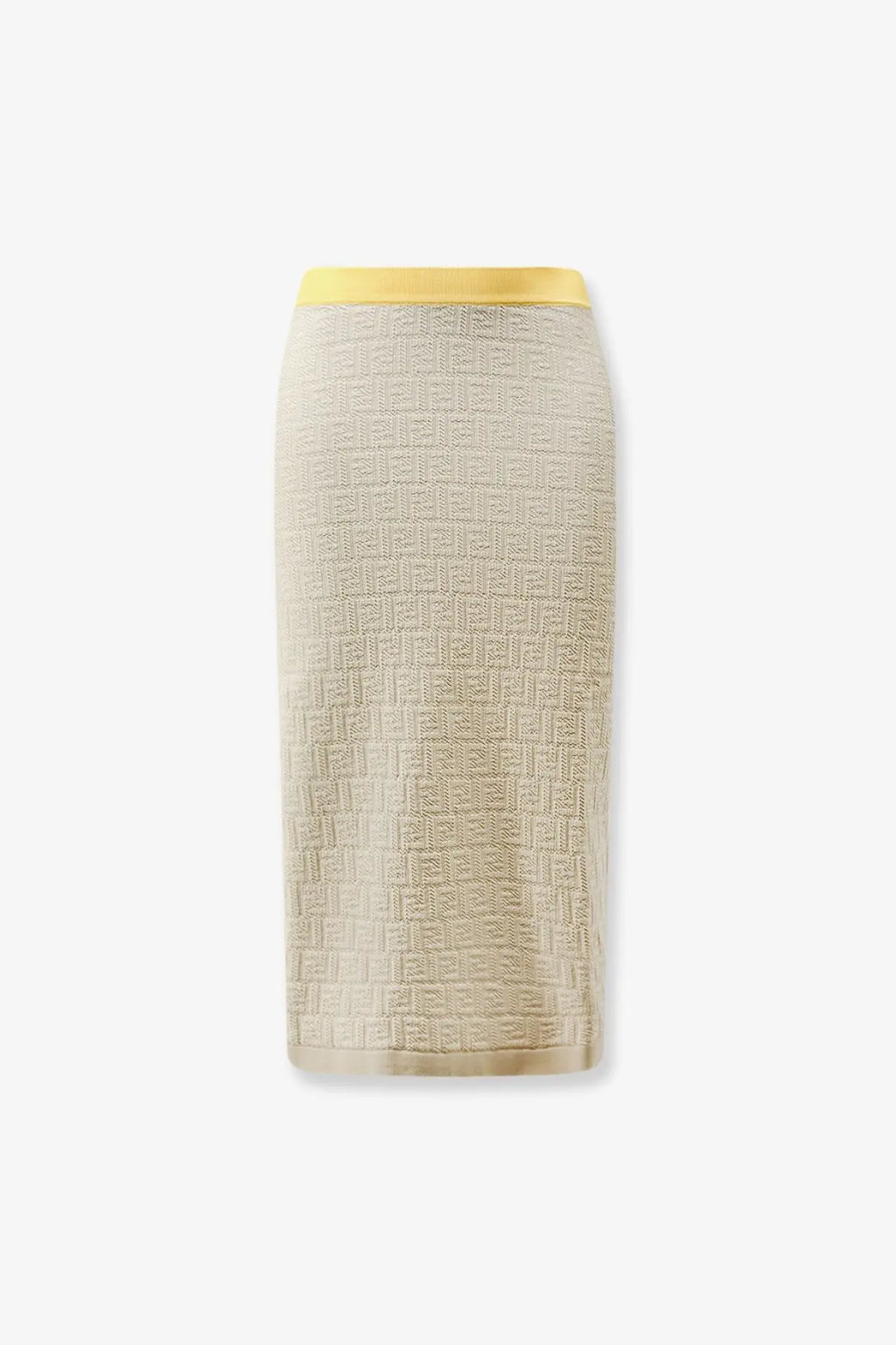 Beige textured knit pencil skirt with yellow waistband from fendi women in ff color block design white background