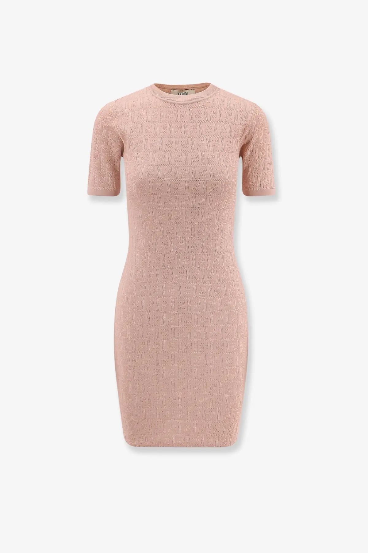 Fendi women’s soft pink short-sleeved knit dress with textured pattern round neckline made of cotton and viscose
