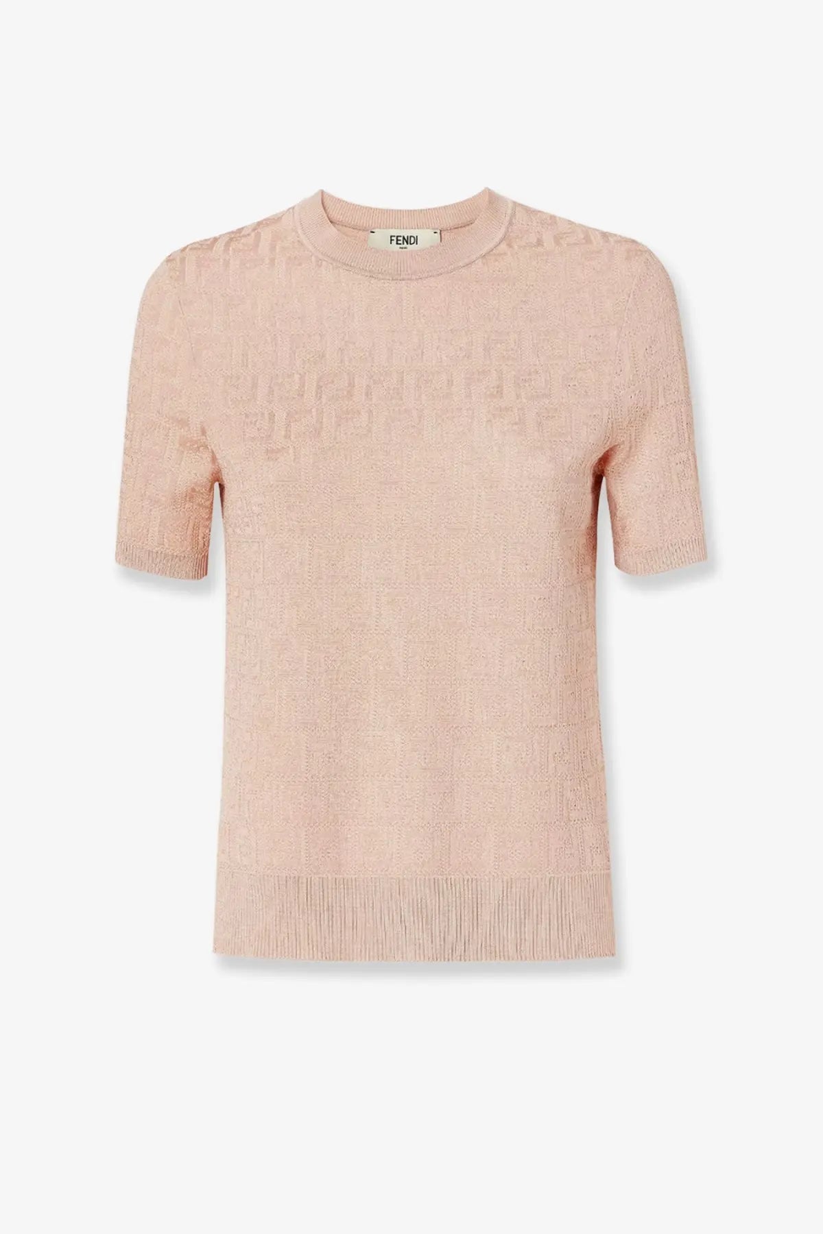 A soft blush pink fendi short-sleeved knit top with all-over ff logo pattern in cotton and viscose blend