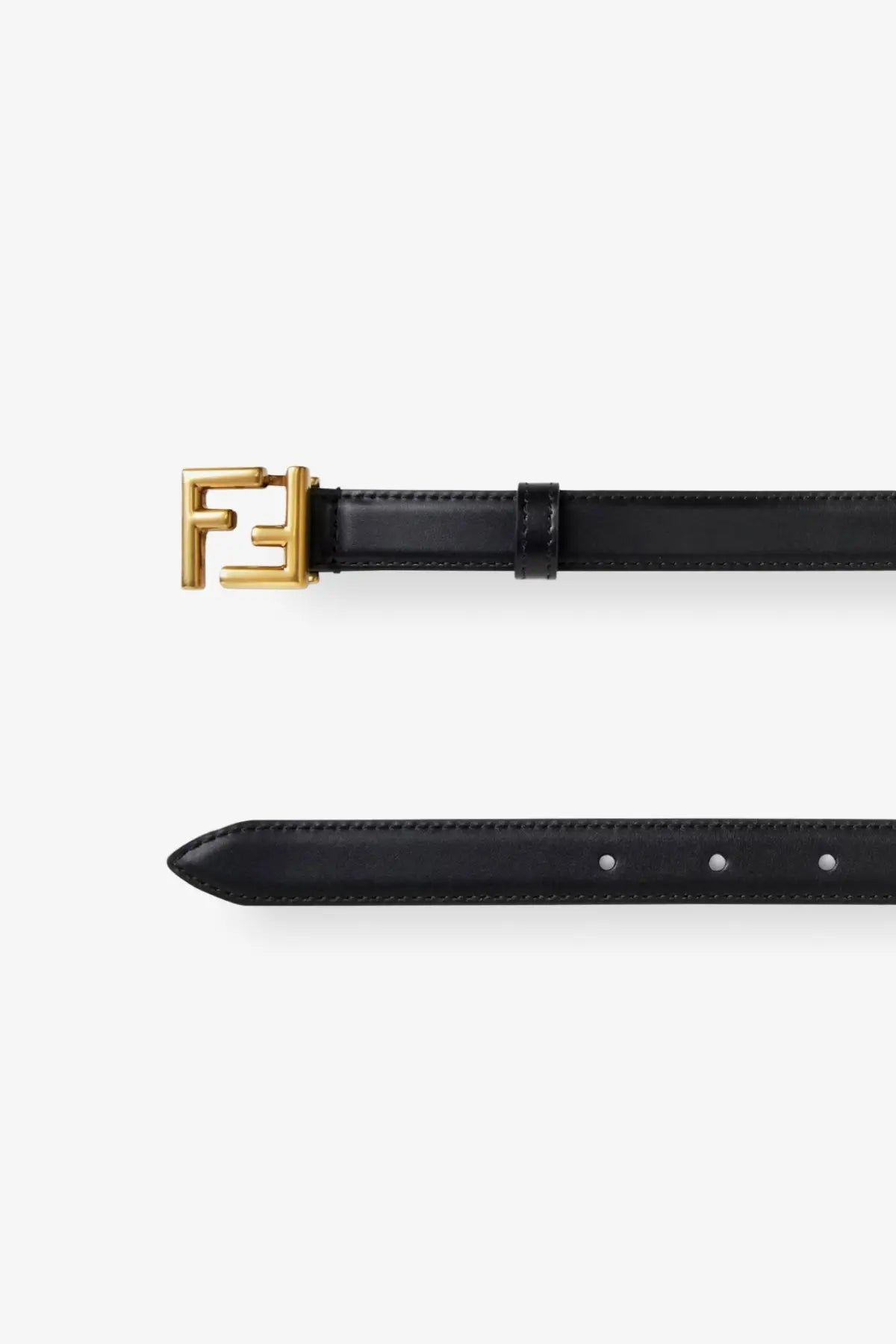 Fendi women’s black leather belt with gold-tone ff logo buckle displayed from front view