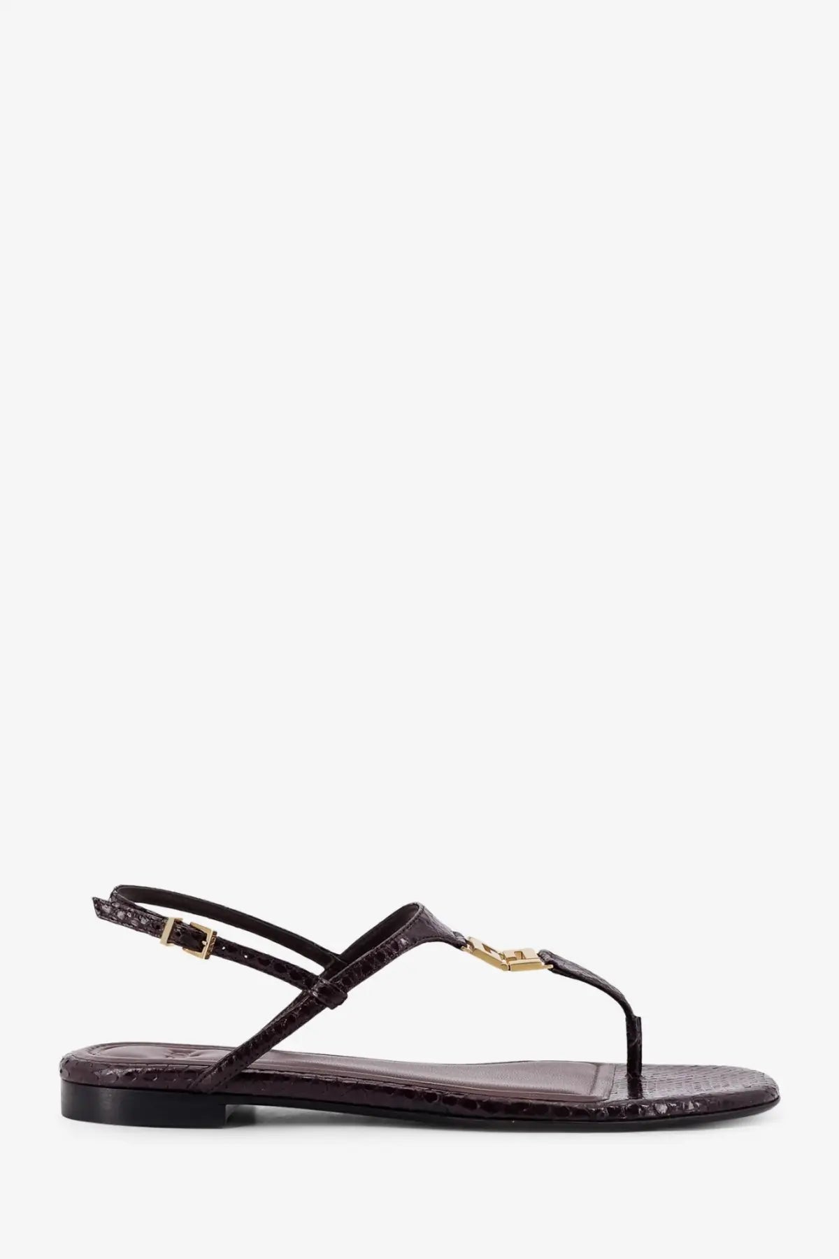 Fendi women’s black leather fold sandals with dark brown crocodile embossing and gold tone logo clasp