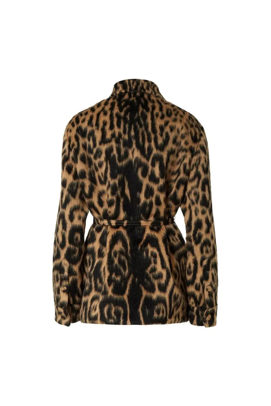 Fendi women’s go to jacket leopard print belted with collar and long sleeves in tan with bold black spots