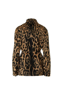 Fendi women’s go to jacket leopard print belted with collar and long sleeves in tan with bold black spots
