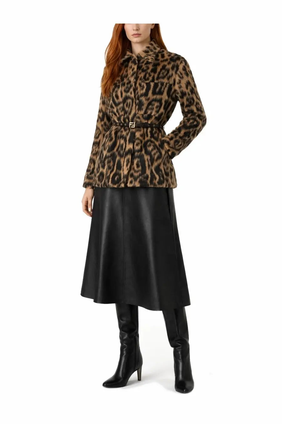 Fendi women’s go to jacket leopard print faux fur coat with belted waist and collar
