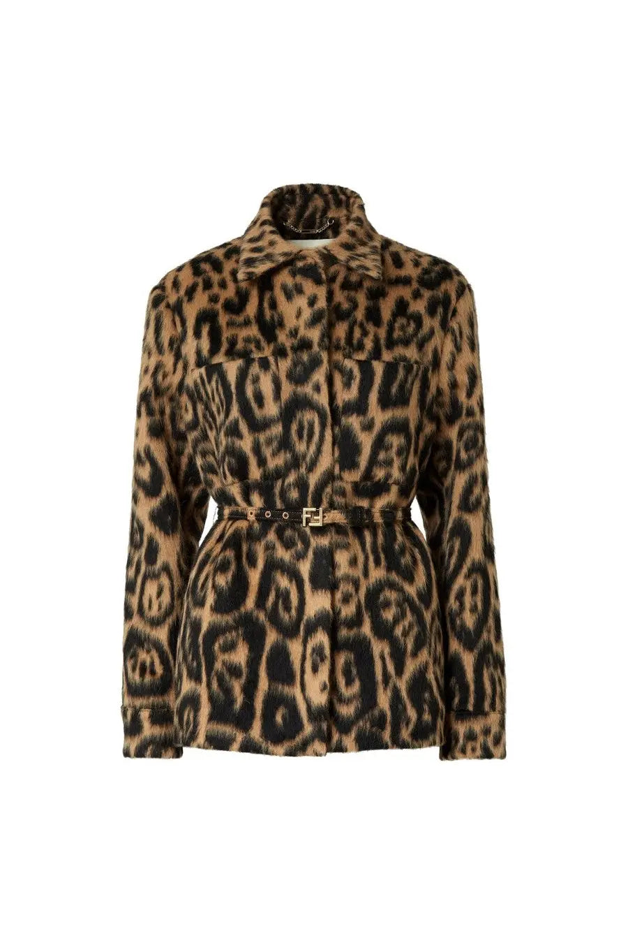 Fendi women’s go to jacket leopard print wool blend with belted waist and classic collar