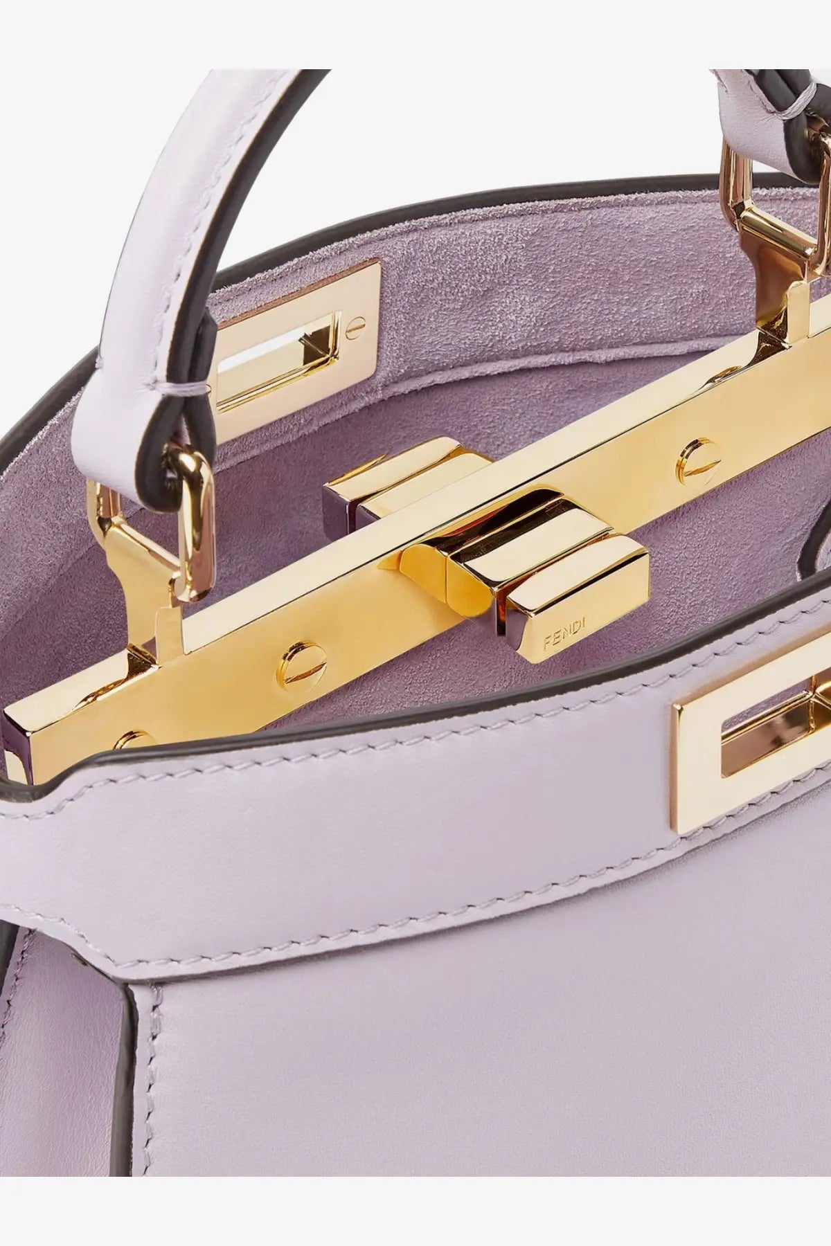 A pale lavender fendi womens iseeu petite peekaboo leather crossbody bag with gold-tone hardware and structured design