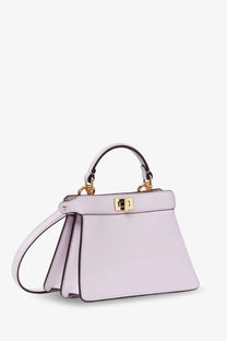 Fendi womens iseeu petite peekaboo leather crossbody bag in pale lavender with gold clasp and black trim
