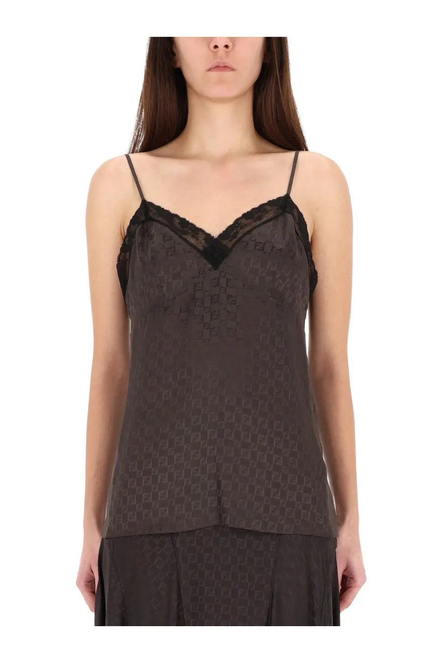 Fendi women’s brown jacquard ff top featuring black lace-trimmed camisole with subtle repeating pattern