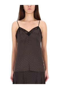 Fendi women’s brown jacquard ff top featuring black lace-trimmed camisole with subtle repeating pattern