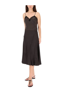 Fendi women’s brown jacquard ff top featuring black lace trimmed satin midi dress with fitted bodice and flowing skirt
