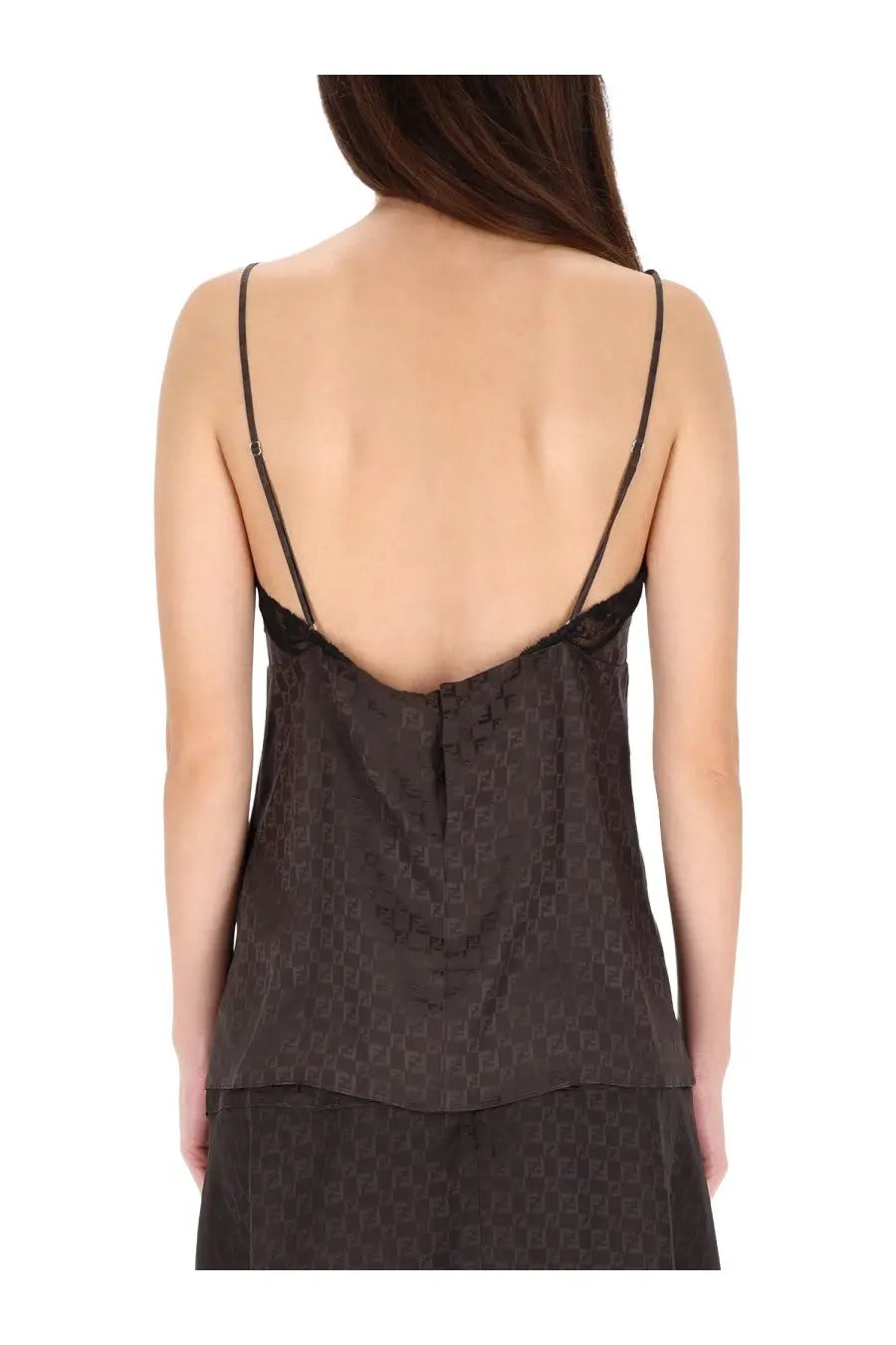 Fendi women’s jacquard FF top brown satin camisole with subtle geometric pattern and delicate spaghetti straps