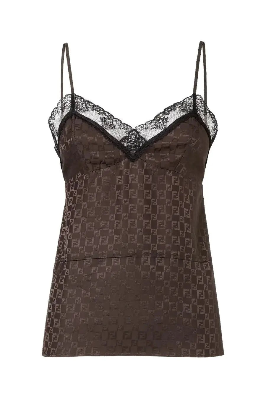 Fendi women’s brown jacquard camisole top with repeating ff logo pattern and black lace trim on neckline and straps