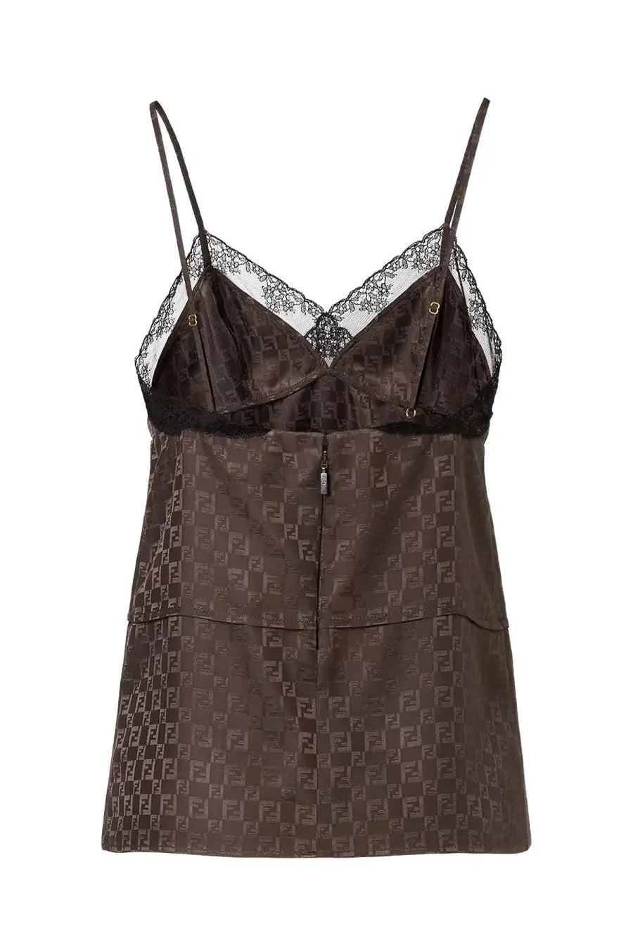 Brown Fendi logo-print satin camisole with black lace trim and thin straps for women