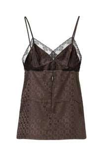Brown Fendi logo-print satin camisole with black lace trim and thin straps for women