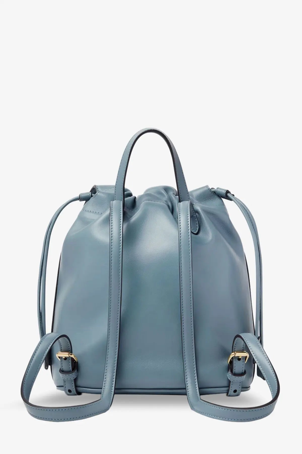 Fendi women’s light blue leather drawstring backpack with adjustable straps and gold-tone hardware