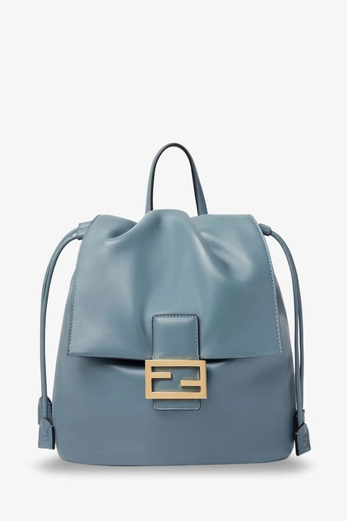 Fendi women’s leather backpack in light blue leather with gold-tone f-logo clasp and adjustable drawstring straps