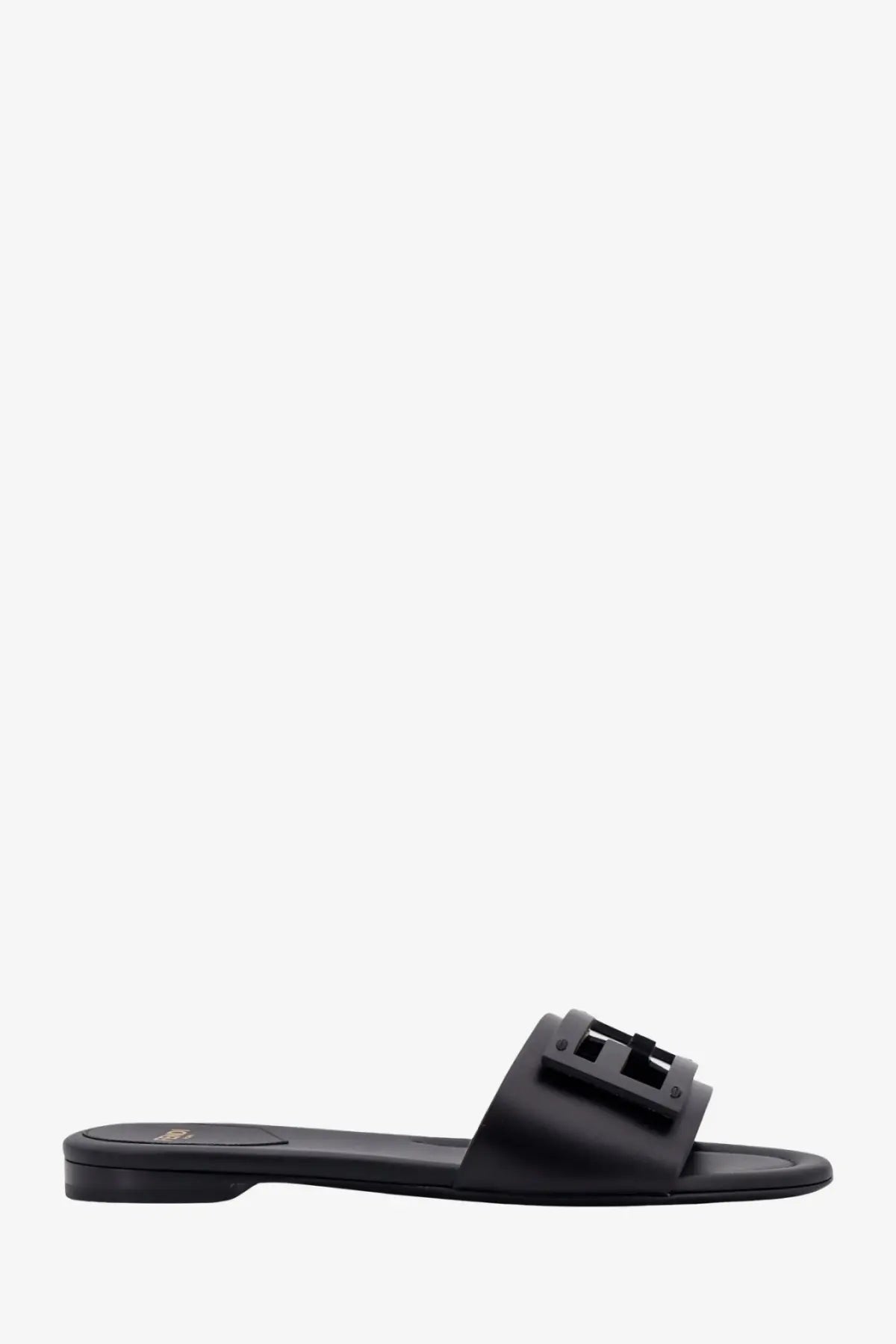 Black Fendi women’s leather slide sandal featuring a bold structured logo buckle perfect for stylish wear