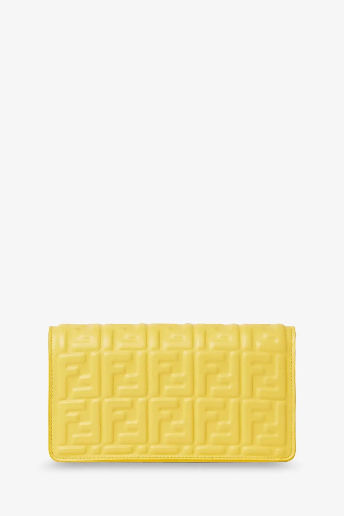 Bright yellow fendi women’s leather wallet on chain baguette with embossed ff logo pattern in ginestra color
