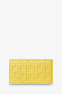 Bright yellow fendi women’s leather wallet on chain baguette with embossed ff logo pattern in ginestra color