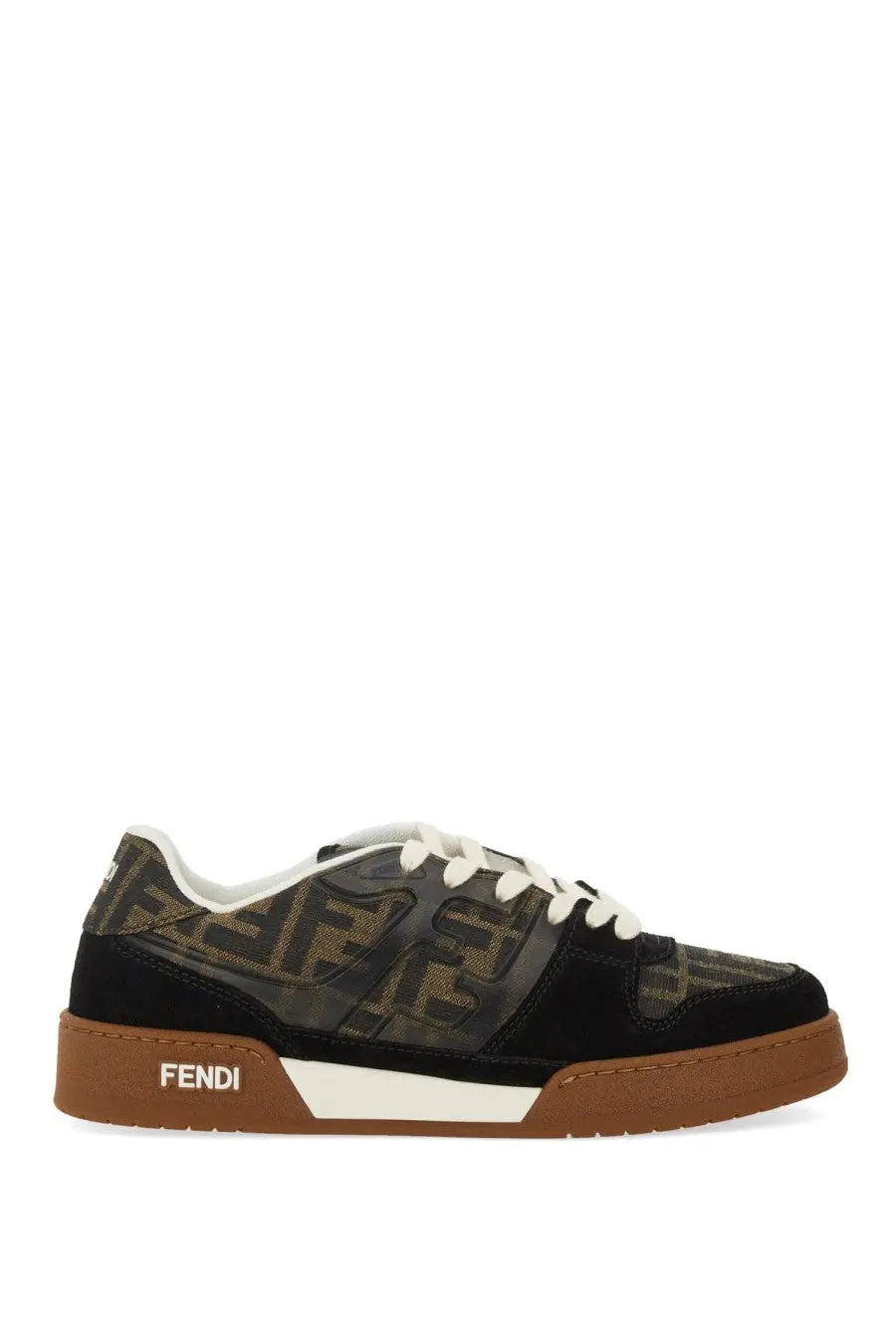 Fendi women’s low top sneaker match black with black and brown ff logo upper white laces and tan rubber sole