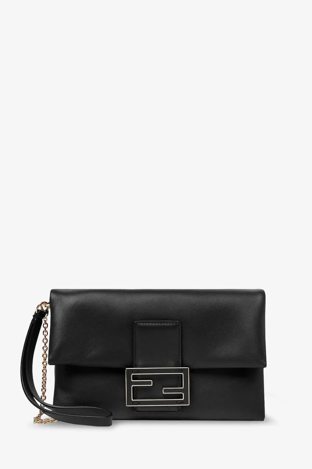Fendi women’s mamma baguette black leather crossbody bag with silver logo clasp and chain strap