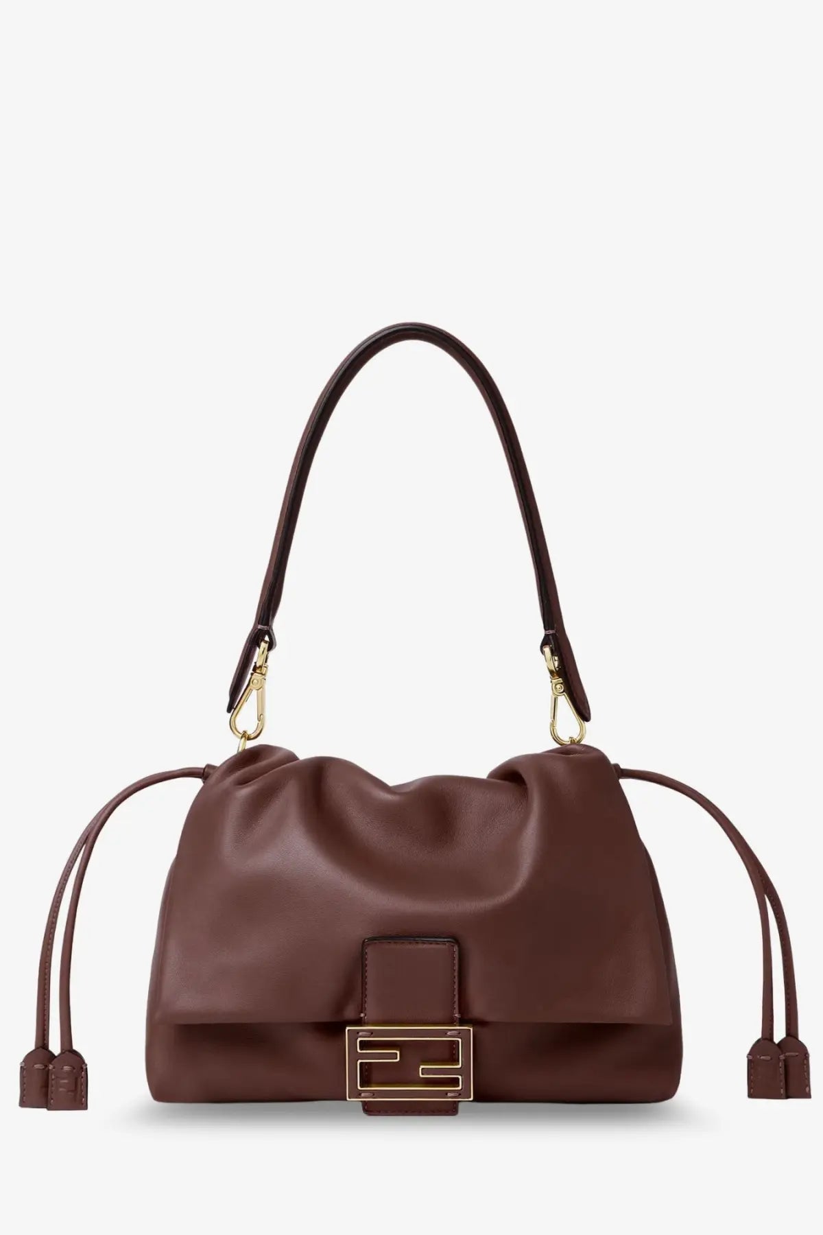 Brown leather Fendi mamma baguette medium crossbody bag with gold-tone logo clasp and matching drawstring handles