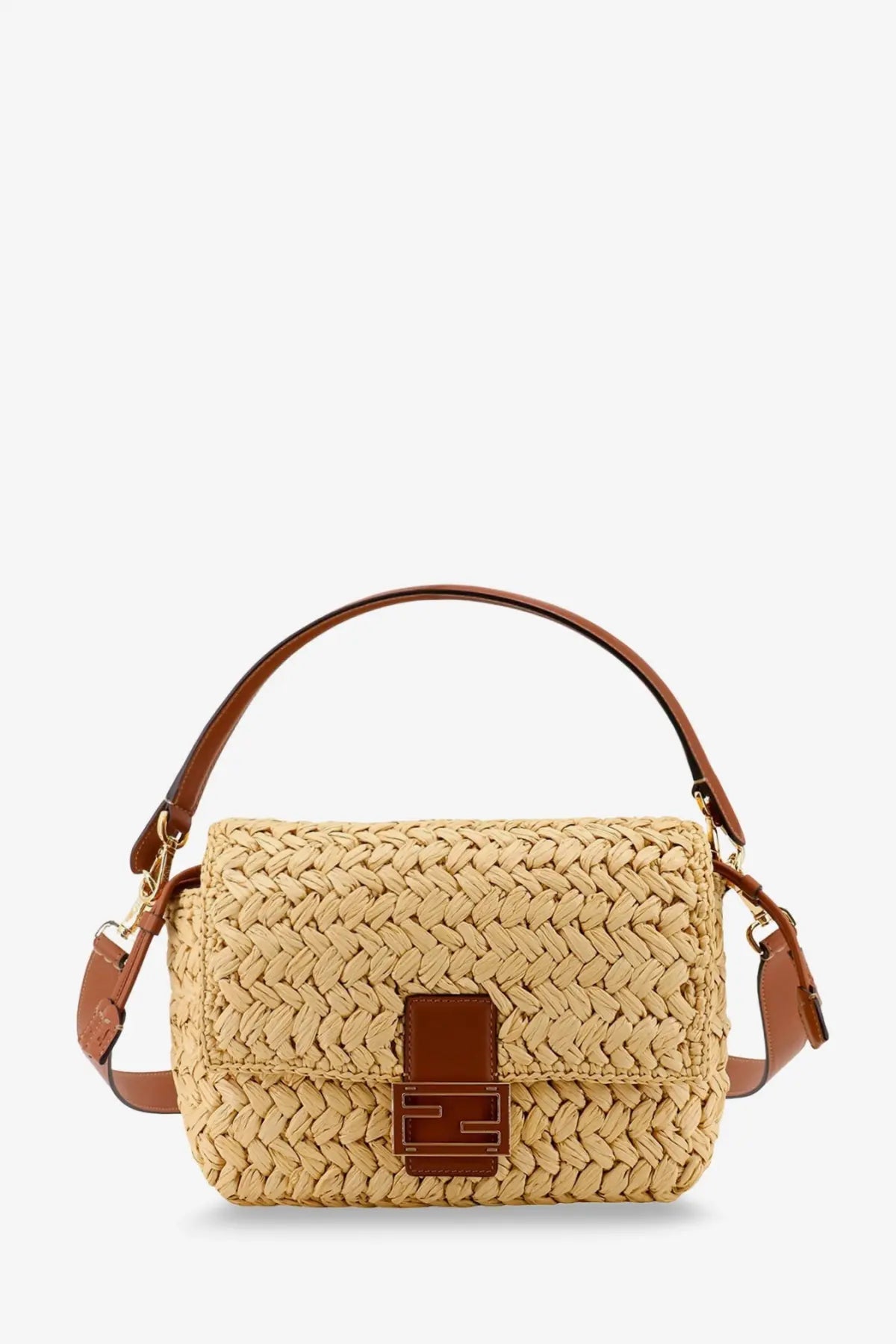 Fendi women’s mamma baguette medium raffia crossbody bag in beige with brown leather handle and f monogram flap closure