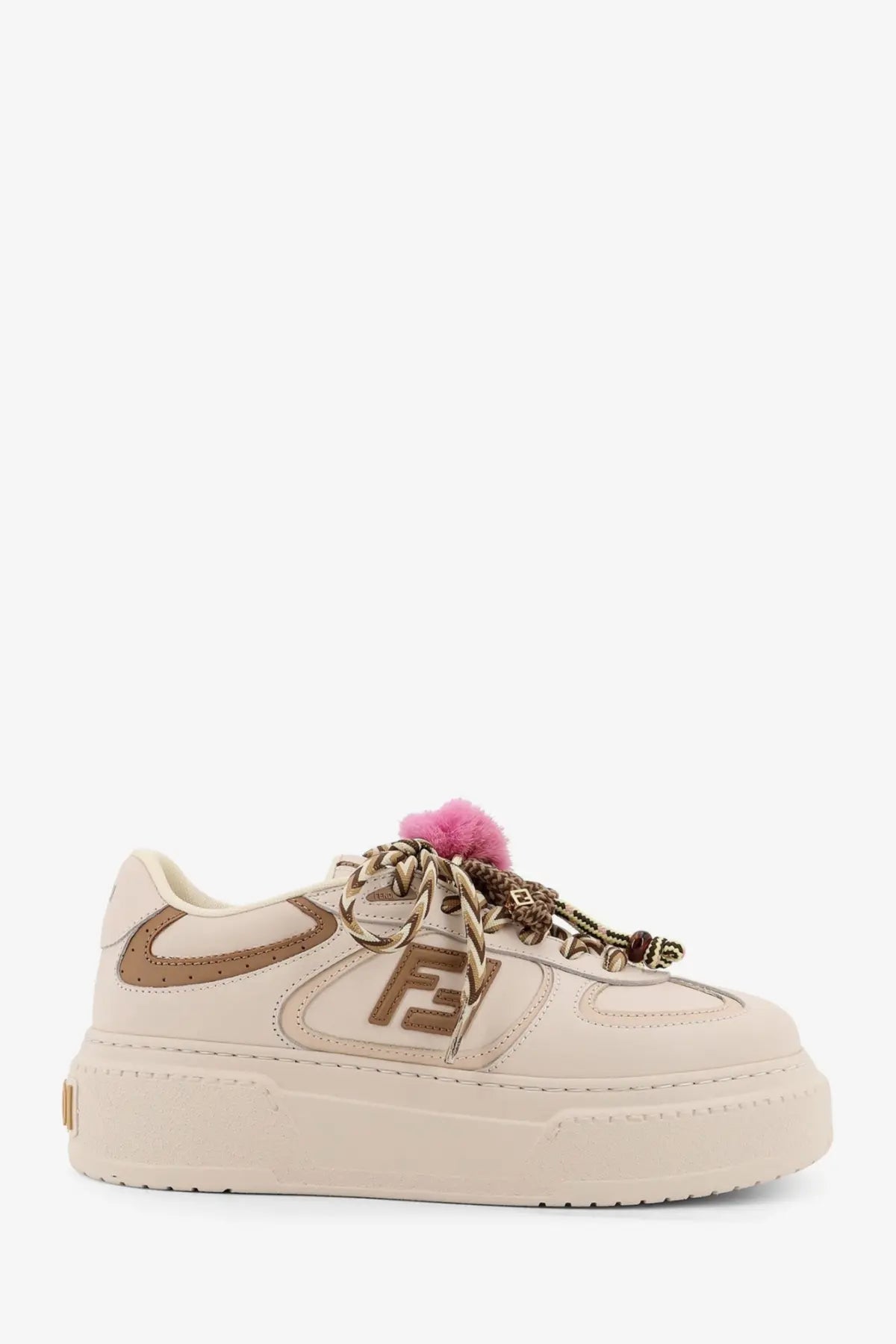 Cream-colored Fendi women’s leather platform sneaker with brown accents gold logo and pink pom-pom on laces