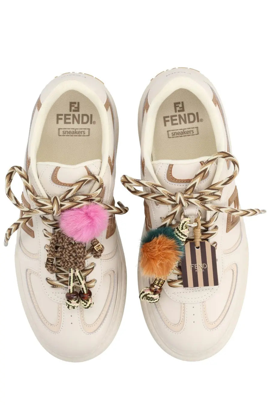 Cream-colored Fendi women’s sneaker with braided laces and colorful pom-pom charms in beige match style