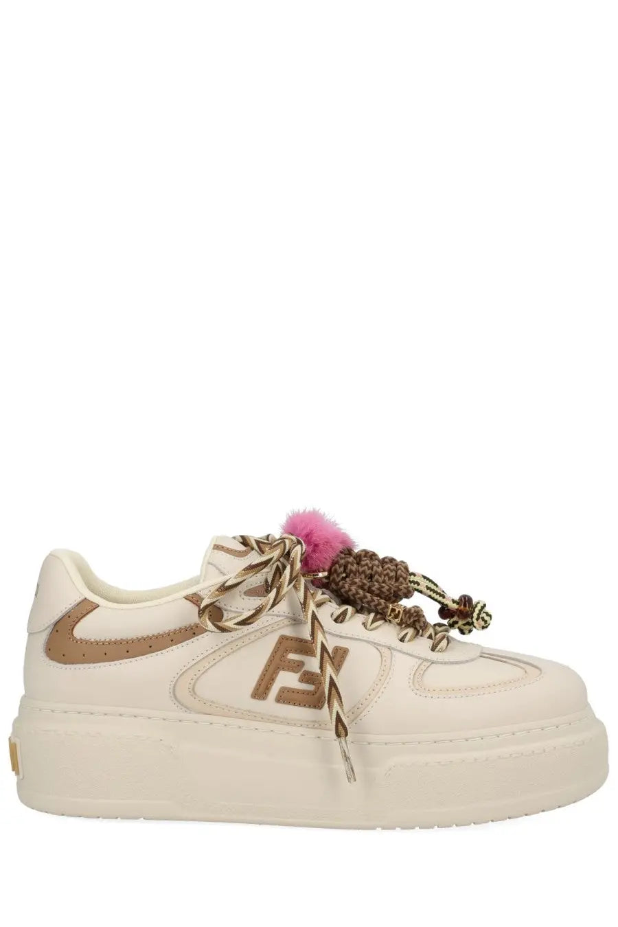Cream-colored Fendi women’s sneaker with tan logo, braided laces, and pink pom-pom in Match Sneaker beige style