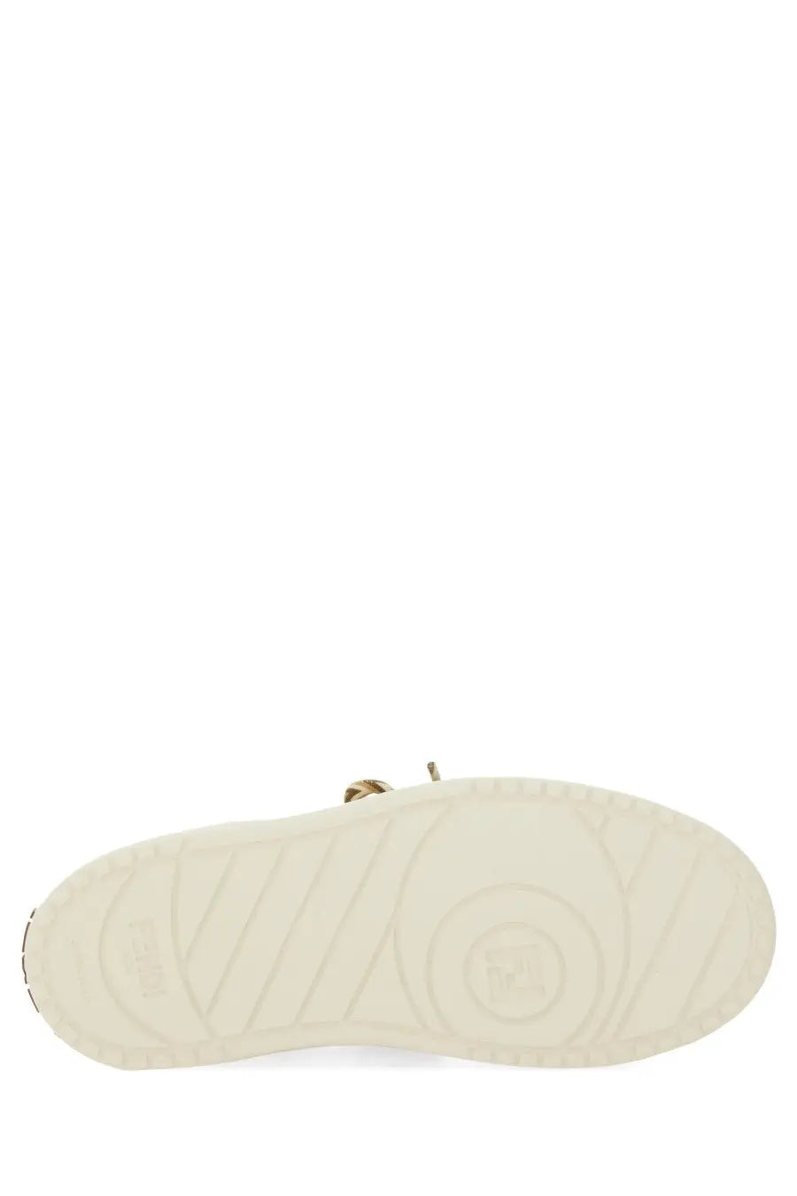 White rubber sole with circular logo and diagonal tread pattern on beige fendi women’s fendi match sneaker