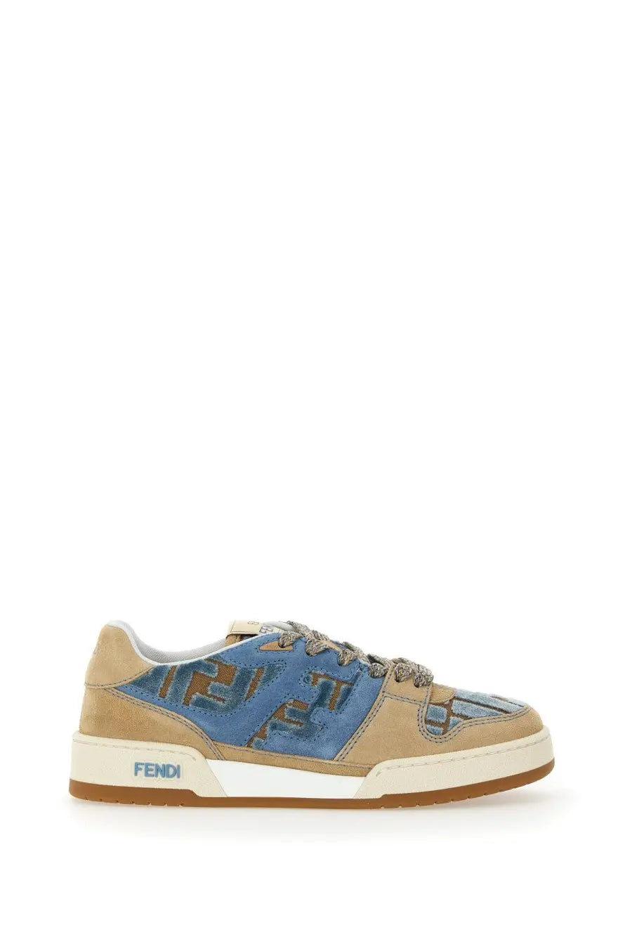 Beige and blue Fendi women’s match sneaker with distinctive FF logo pattern on the upper in multicolor design