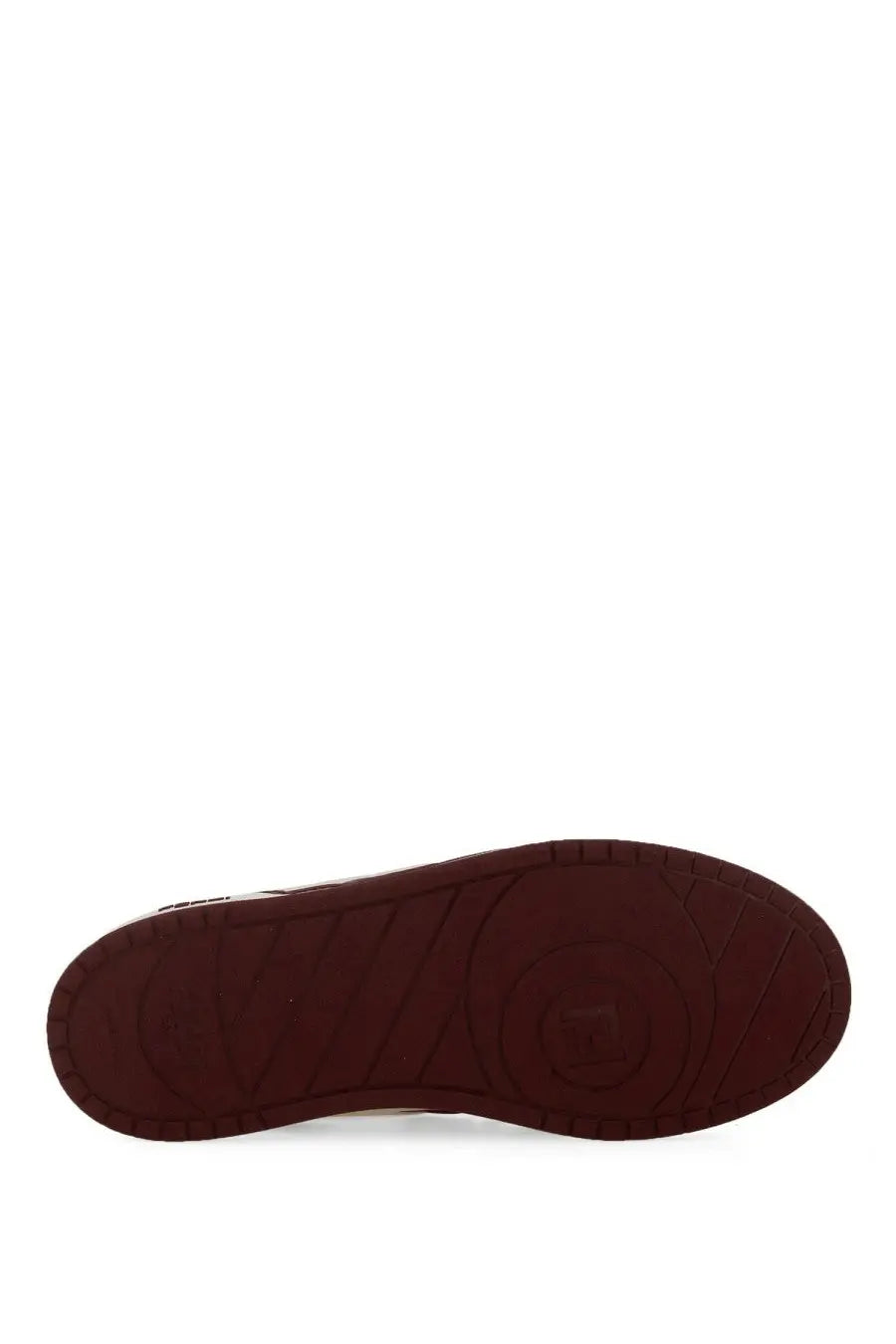 Burgundy rubber sole with circular logo and diagonal tread pattern on the back of fendi womens match sneaker multicolor
