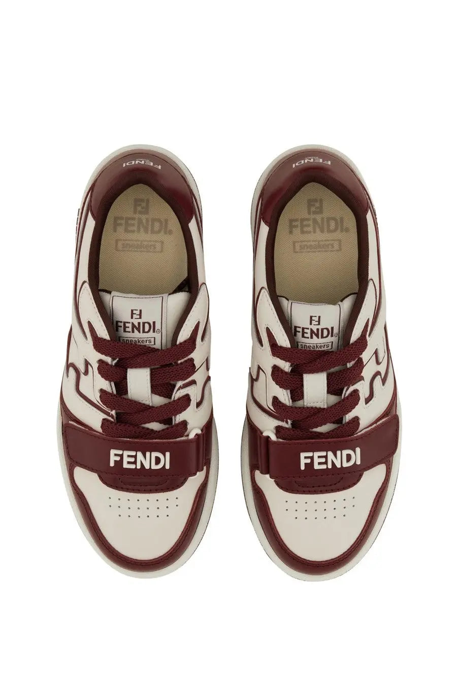Fendi women’s match sneaker in white and maroon with bold branding on sides tongue and heel in leather and mesh