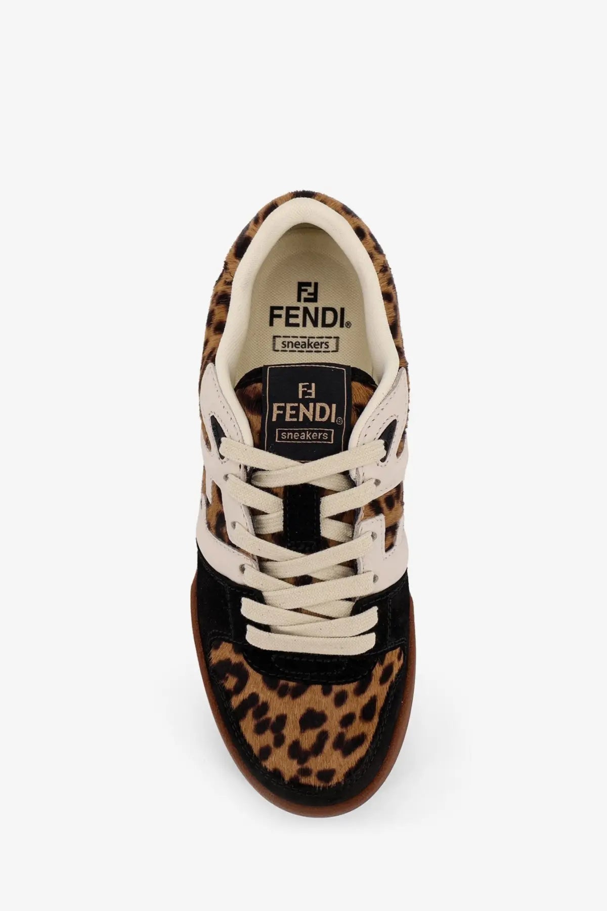 Fendi women’s black low top sneakers with leopard print, cream laces, and black suede accents